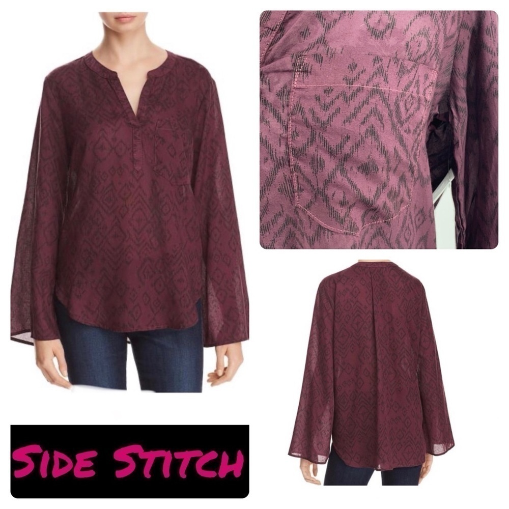 Side Stitch Womens Tencel Printed Blouse wine/black Aztec print bell sleeve